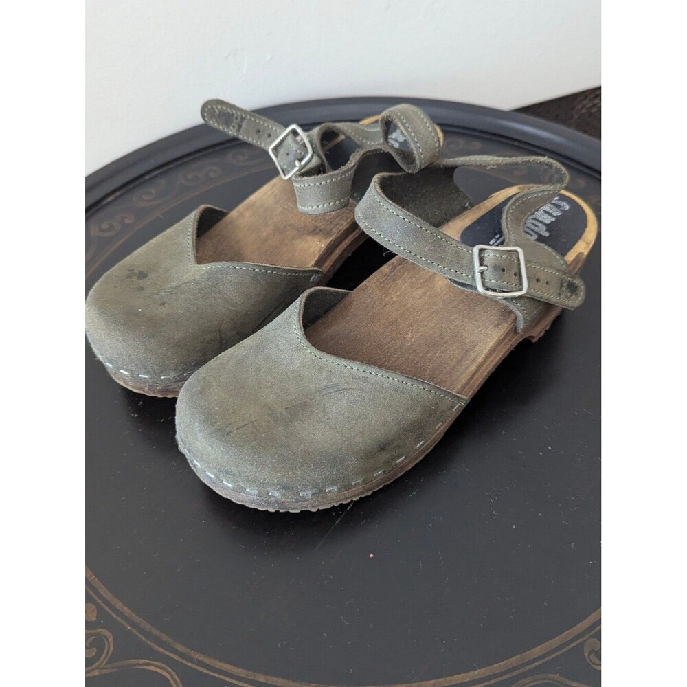 Sandgrens Size 36 Olive Green Suede Handcrafted Swedish Wooden Clog
